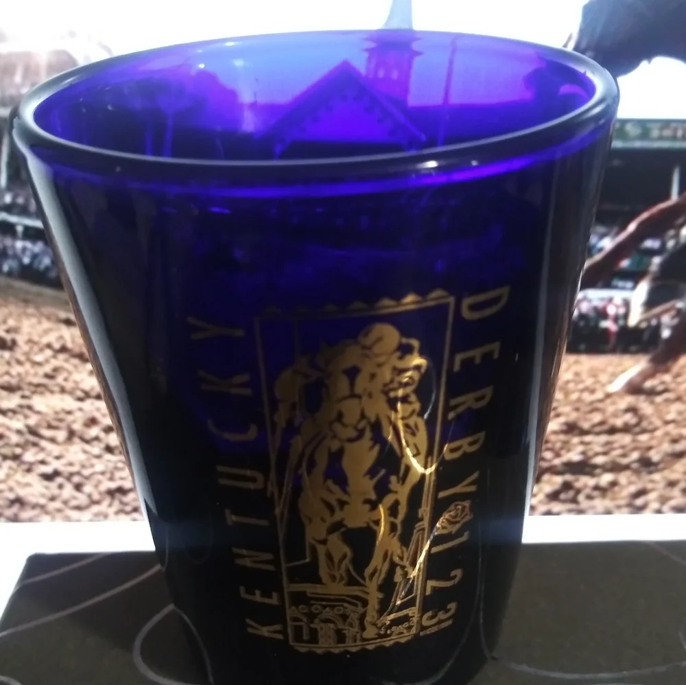 Cobalt Blue Kentucky Derby Shot Glass Collectable Souvenir Horse Racing Barware